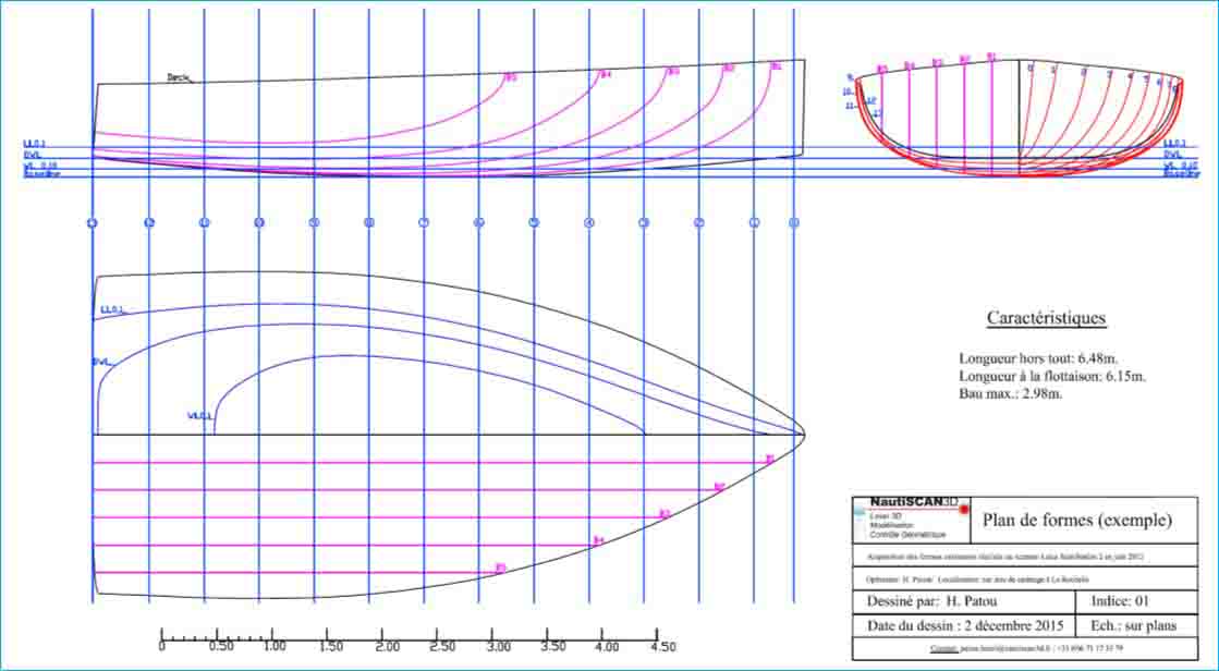 Plan de forme 2D d'un voilier de 6m